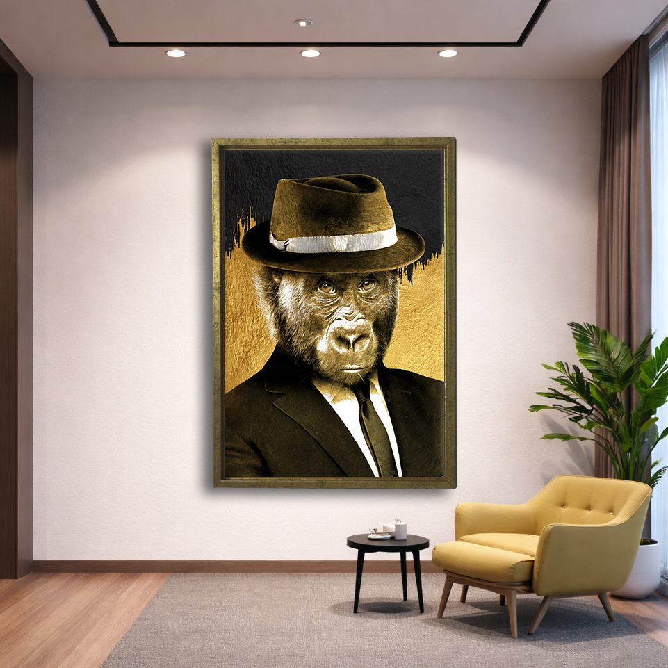 Gorilla in Fedora and Suit canvas wall art, gold floating frame