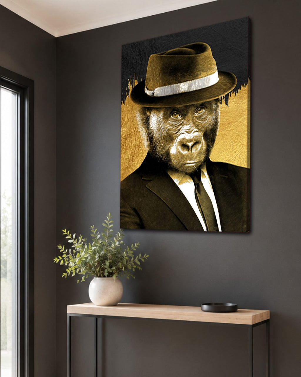 Gorilla in Fedora and Suit canvas wall art, unframed canvas