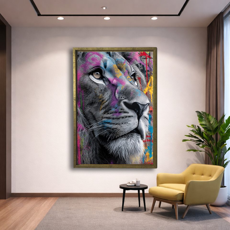 Graffiti Lion Face Pop Art canvas wall art, gold floating frame