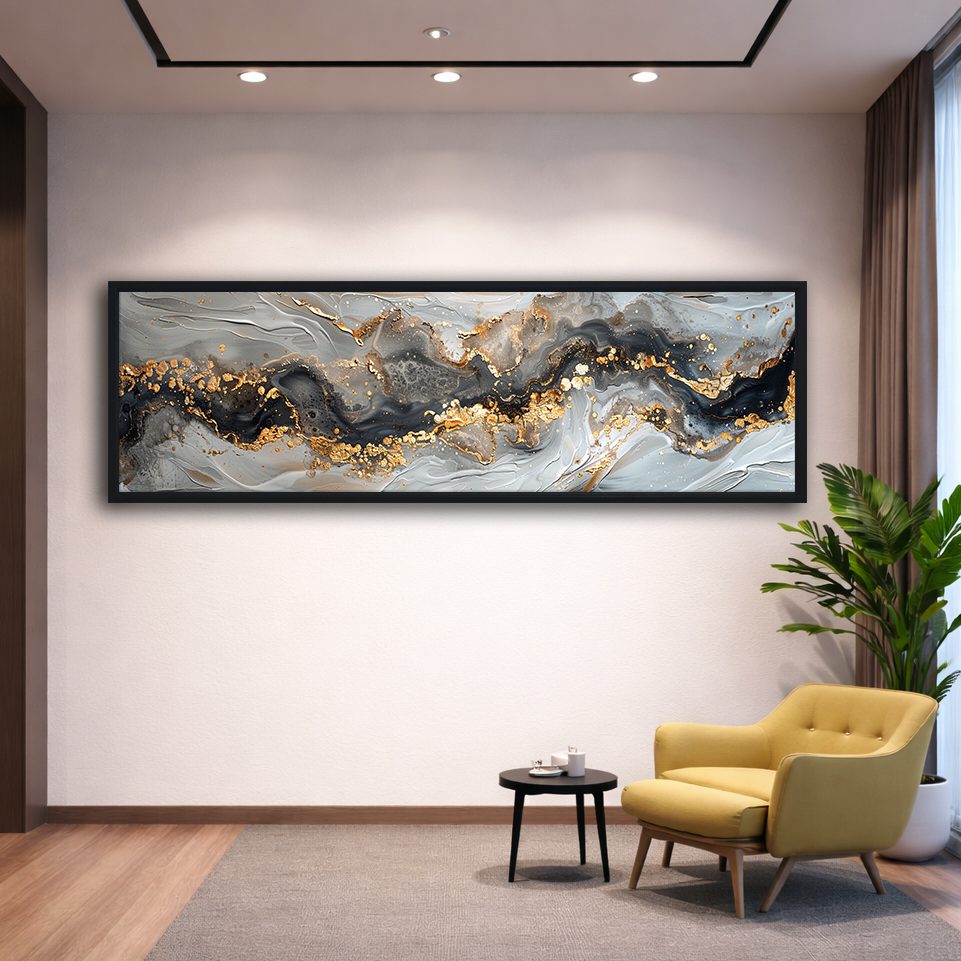 Gray and Gold Marble Abstract canvas wall art, black floating frame