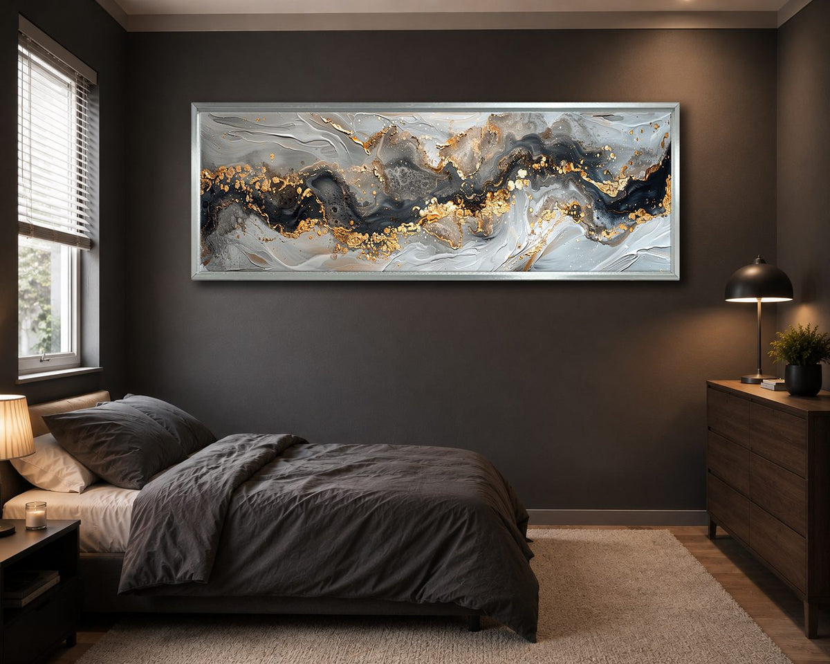 Gray and Gold Marble Abstract canvas wall art, silver floating frame