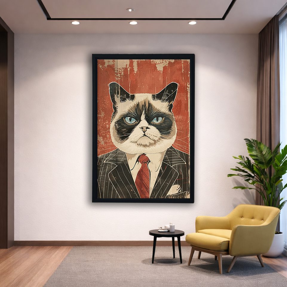Grumpy Cat in Pinstripe Suit canvas wall art, black floating frame