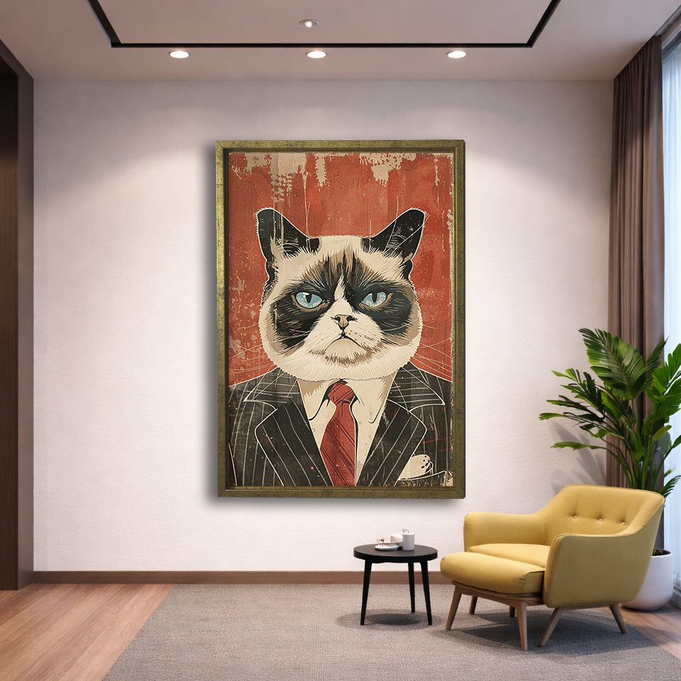 Grumpy Cat in Pinstripe Suit canvas wall art, gold floating frame