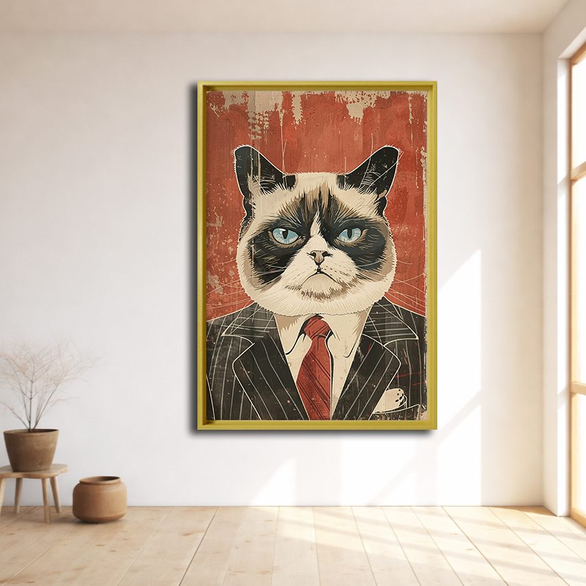 Grumpy Cat in Pinstripe Suit canvas wall art, natural wood floating frame
