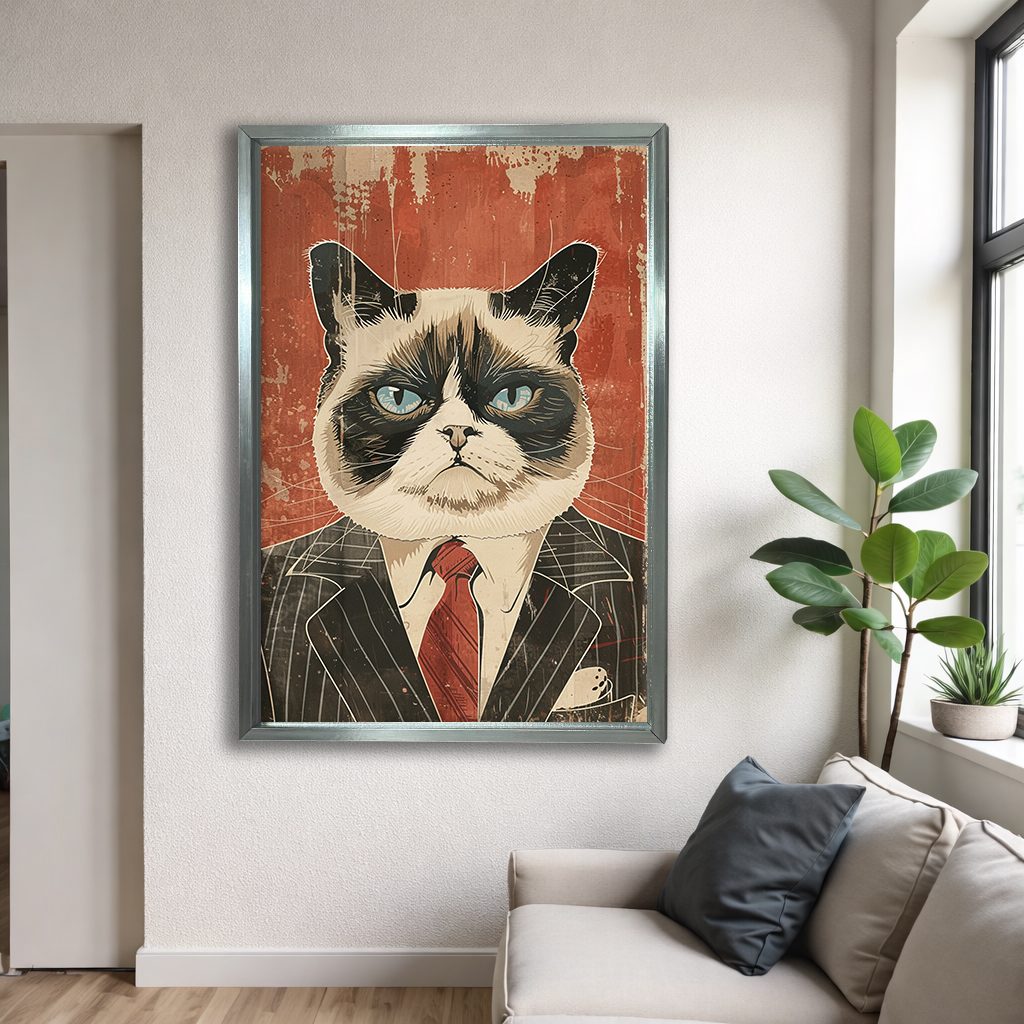 Grumpy Cat in Pinstripe Suit canvas wall art, silver floating frame
