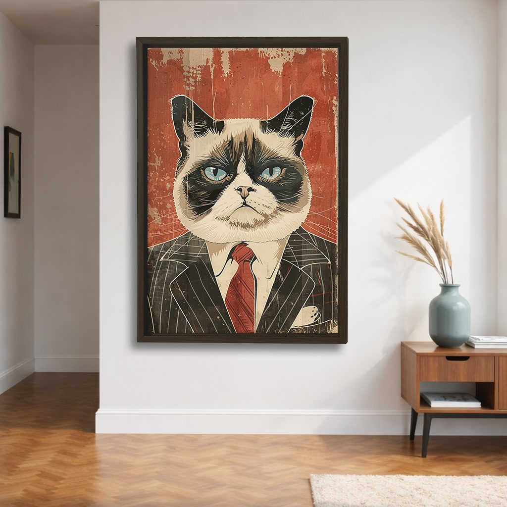 Grumpy Cat in Pinstripe Suit canvas wall art, walnut floating frame