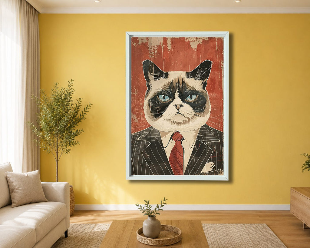 Grumpy Cat in Pinstripe Suit canvas wall art, white floating frame
