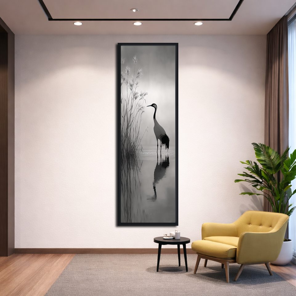 Heron in Misty Lake canvas wall art, black floating frame