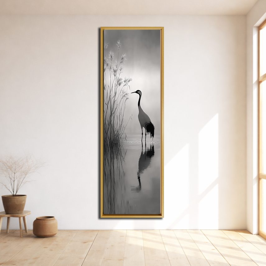 Heron in Misty Lake canvas wall art, natural wood floating frame