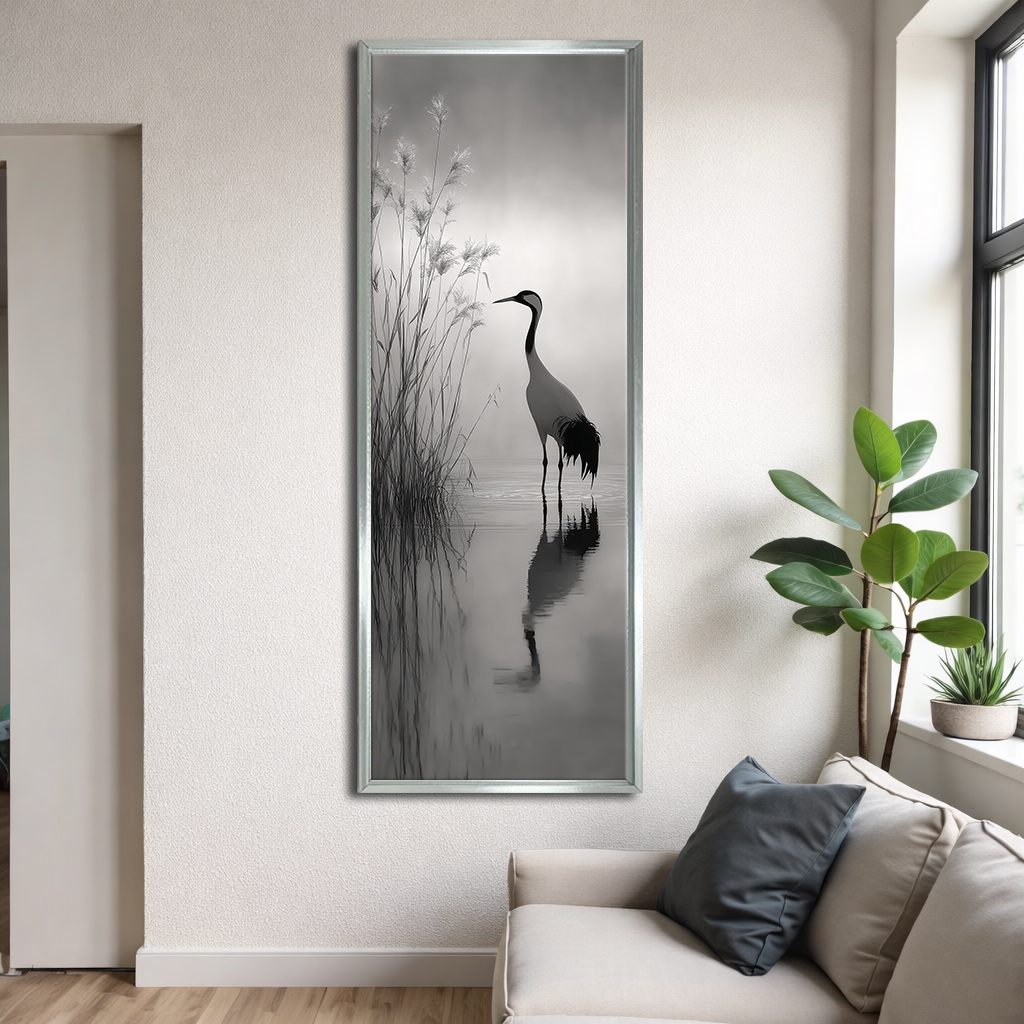 Heron in Misty Lake canvas wall art, silver floating frame