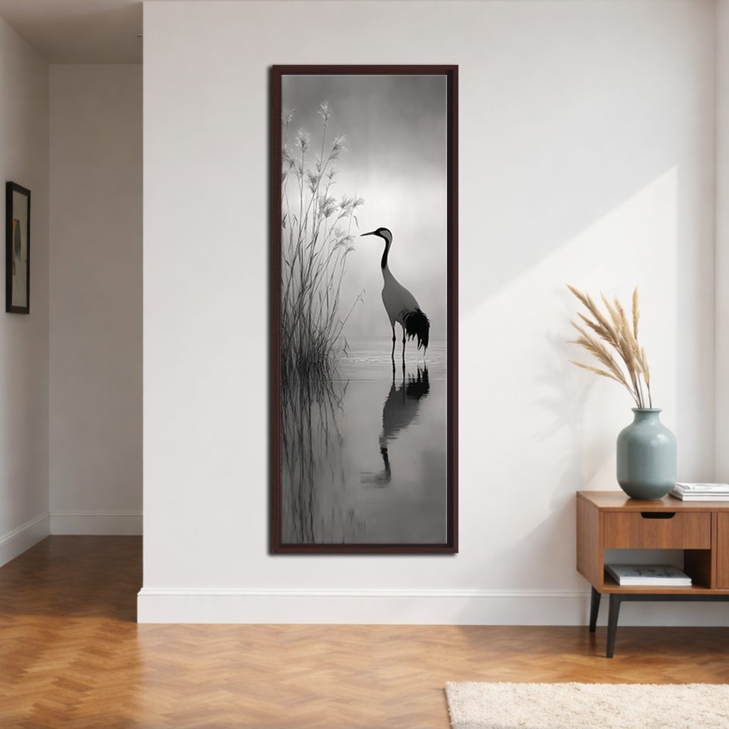 Heron in Misty Lake canvas wall art, walnut floating frame