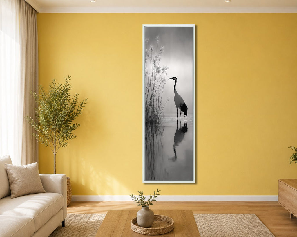 Heron in Misty Lake canvas wall art, white floating frame