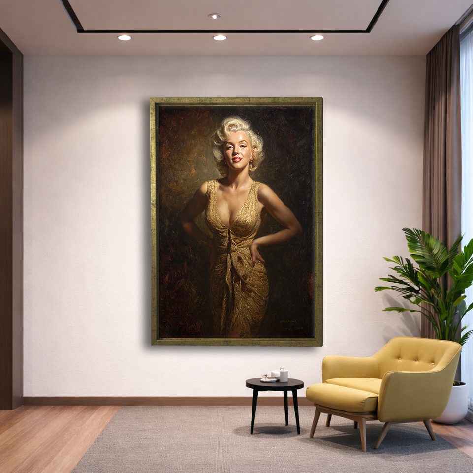 Hollywood Blonde Icon in Gold Dress canvas wall art, gold floating frame