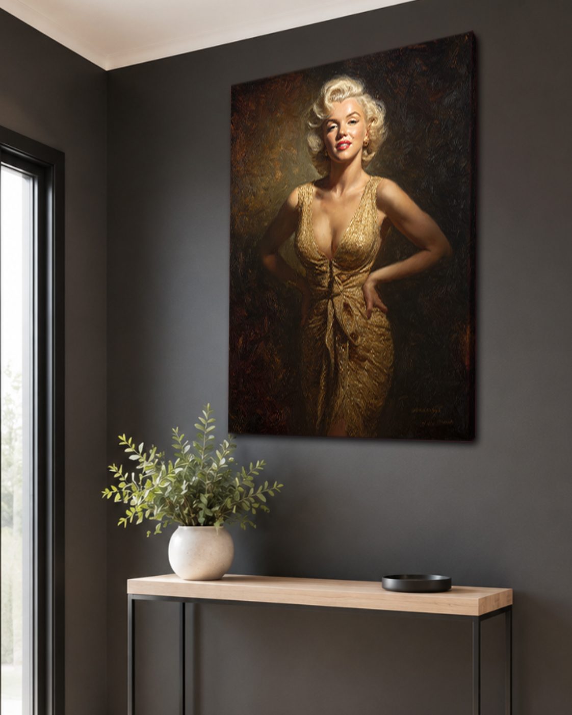 Hollywood Blonde Icon in Gold Dress canvas wall art, unframed canvas