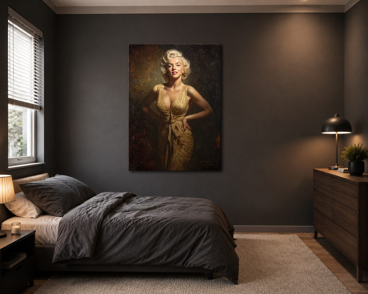 Hollywood Blonde Icon in Gold Dress canvas wall art, unframed canvas
