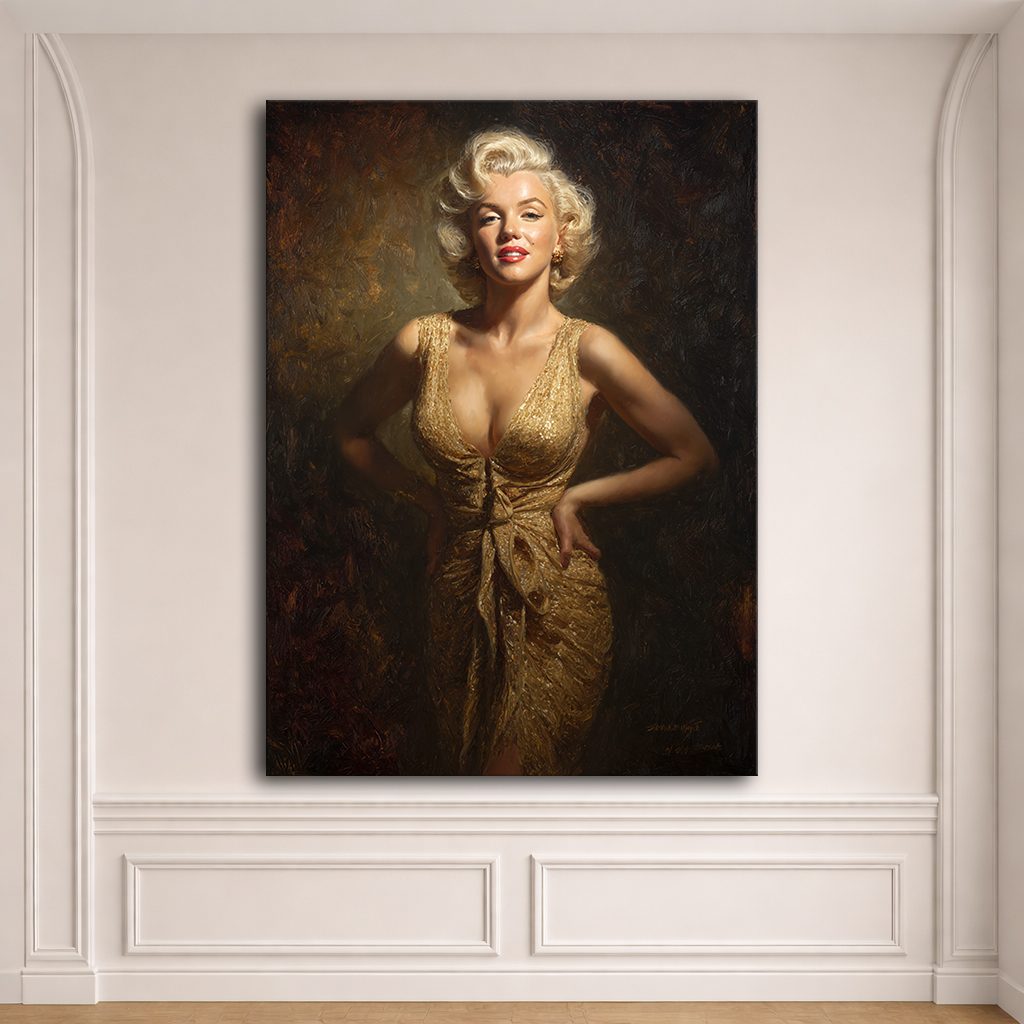 Hollywood Blonde Icon in Gold Dress canvas wall art, unframed canvas