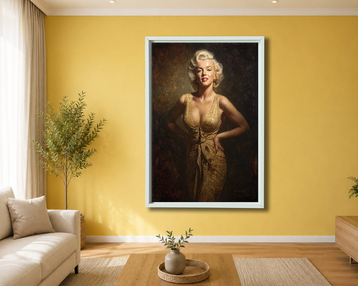 Hollywood Blonde Icon in Gold Dress canvas wall art, white floating frame