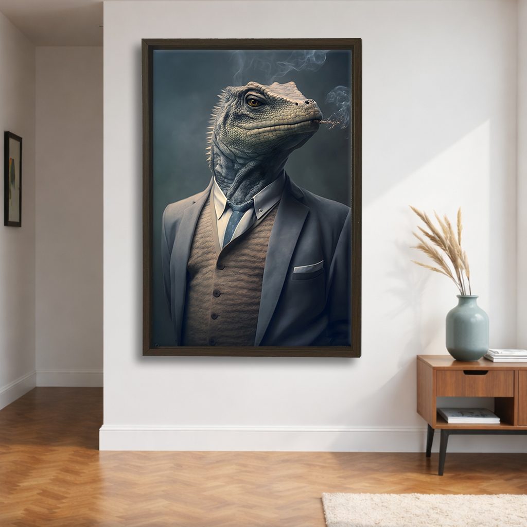 Iguana Gentleman in a Suit canvas wall art, walnut floating frame