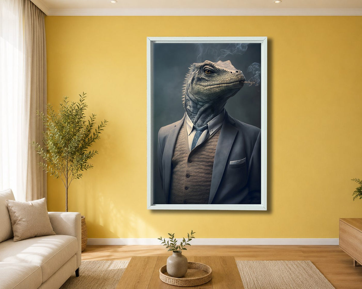 Iguana Gentleman in a Suit canvas wall art, white floating frame