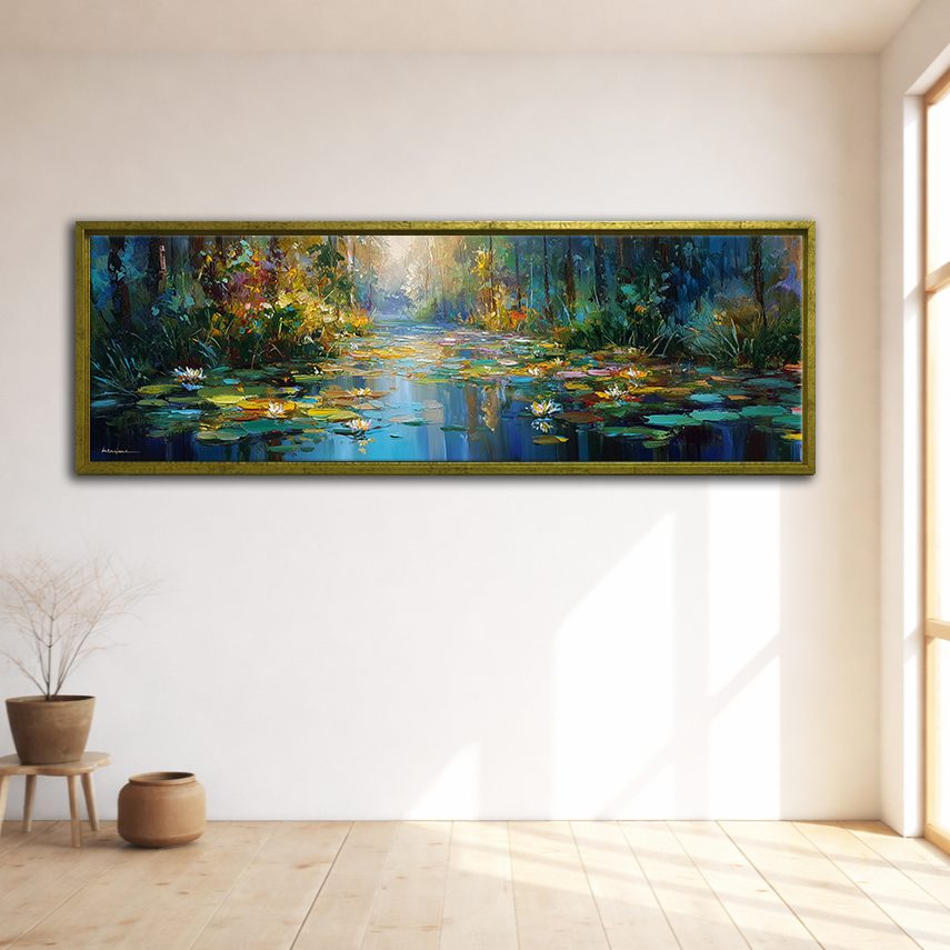 Impressionist Water Lily Pond canvas wall art, gold floating frame
