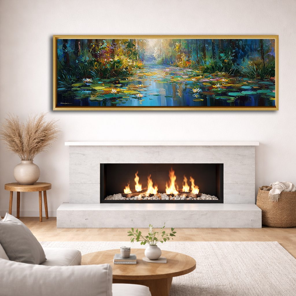 Impressionist Water Lily Pond canvas wall art, natural wood floating frame