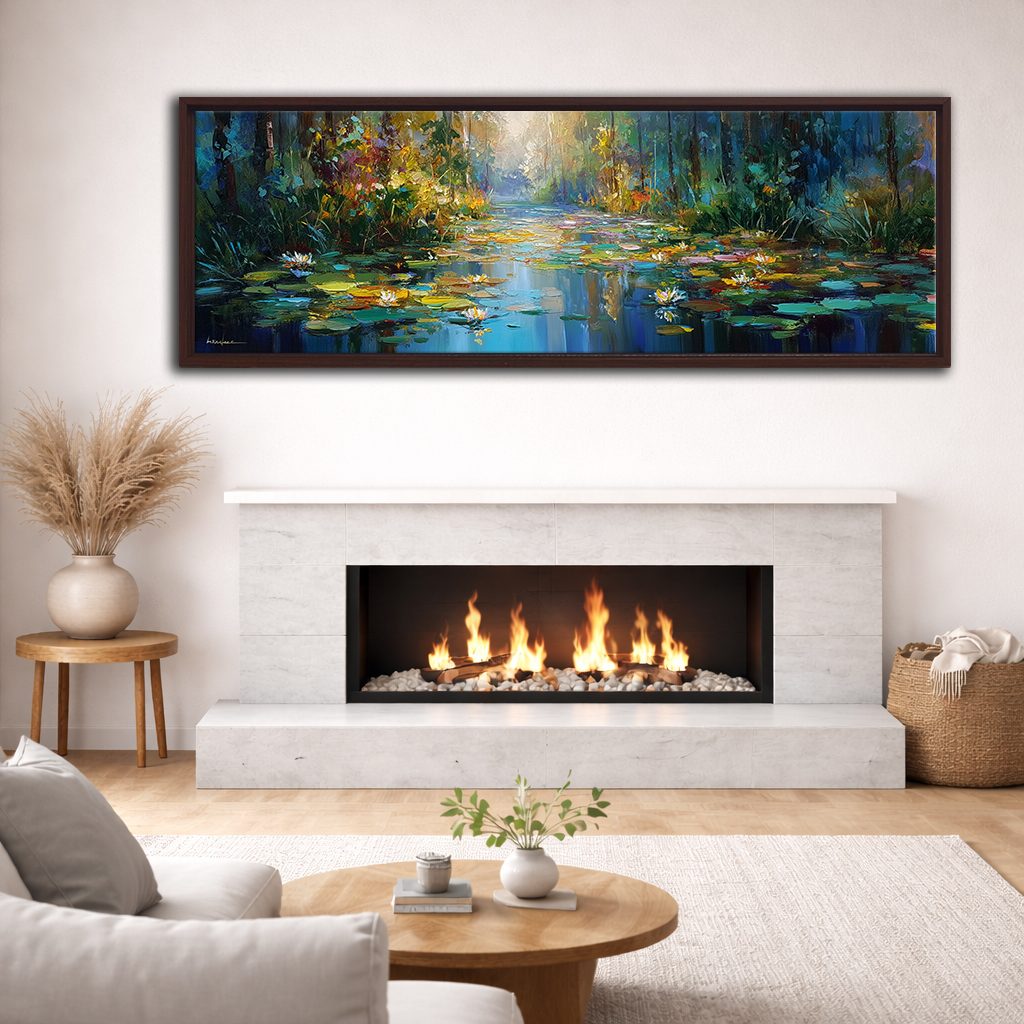 Impressionist Water Lily Pond canvas wall art, walnut floating frame