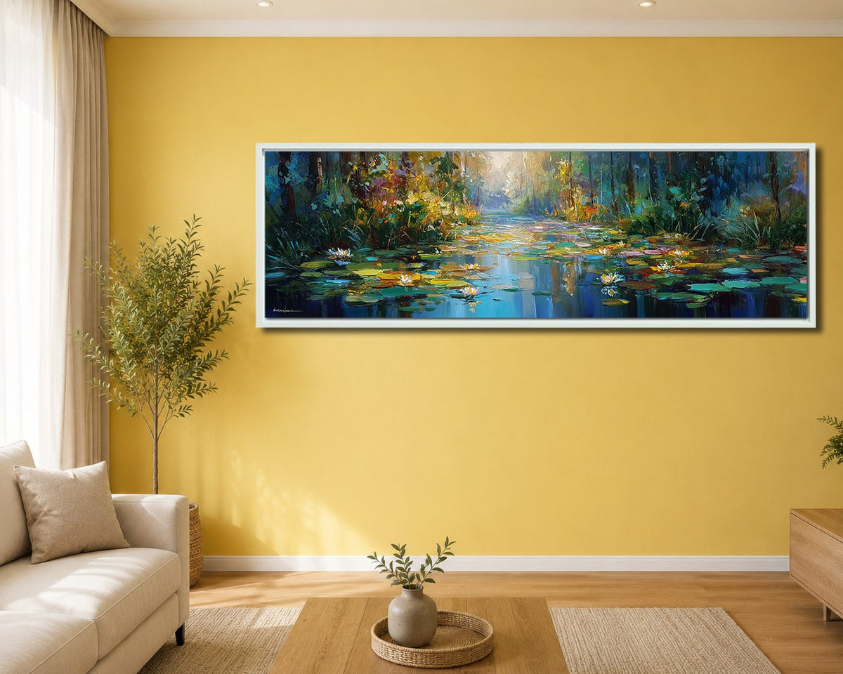 Impressionist Water Lily Pond canvas wall art, white floating frame