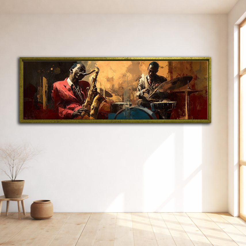 Jazz Saxophone and Drums Musicians canvas wall art, gold floating frame