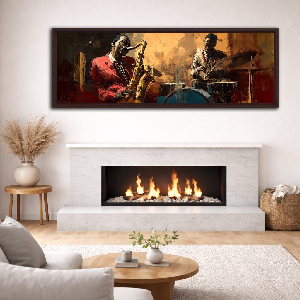 Jazz Saxophone and Drums Musicians canvas wall art, walnut floating frame