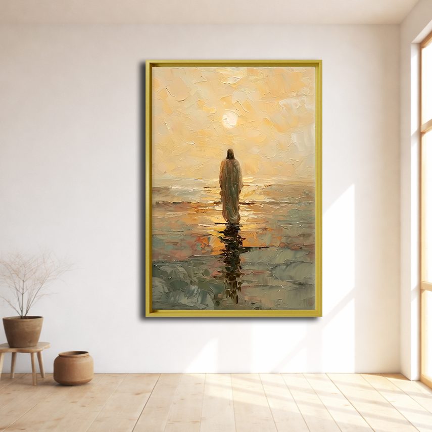 Jesus Walking on Golden Sea canvas wall art, natural wood floating frame
