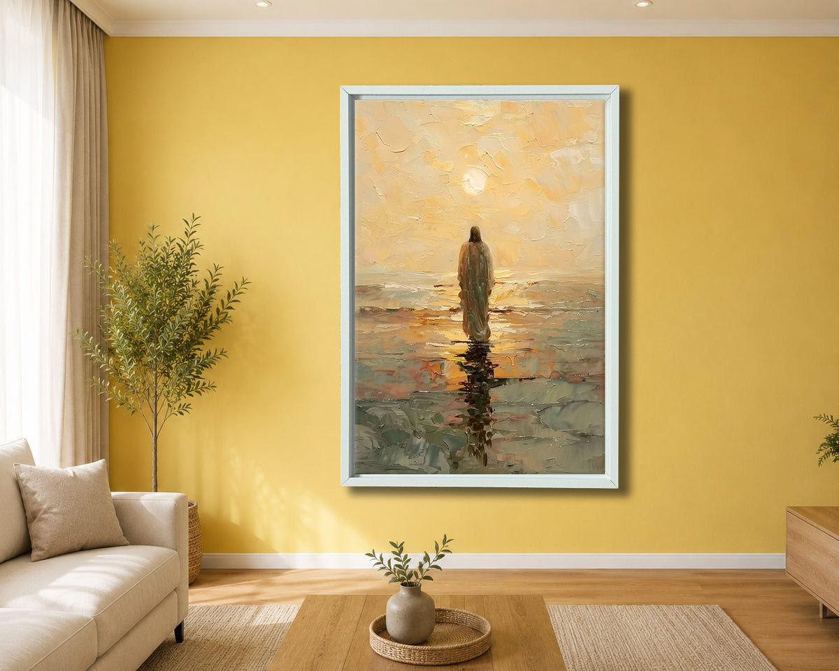 Jesus Walking on Golden Sea canvas wall art, white floating frame