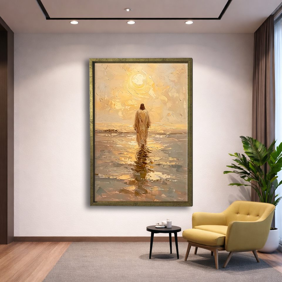 Jesus Walking on Water at Sunset canvas wall art, gold floating frame