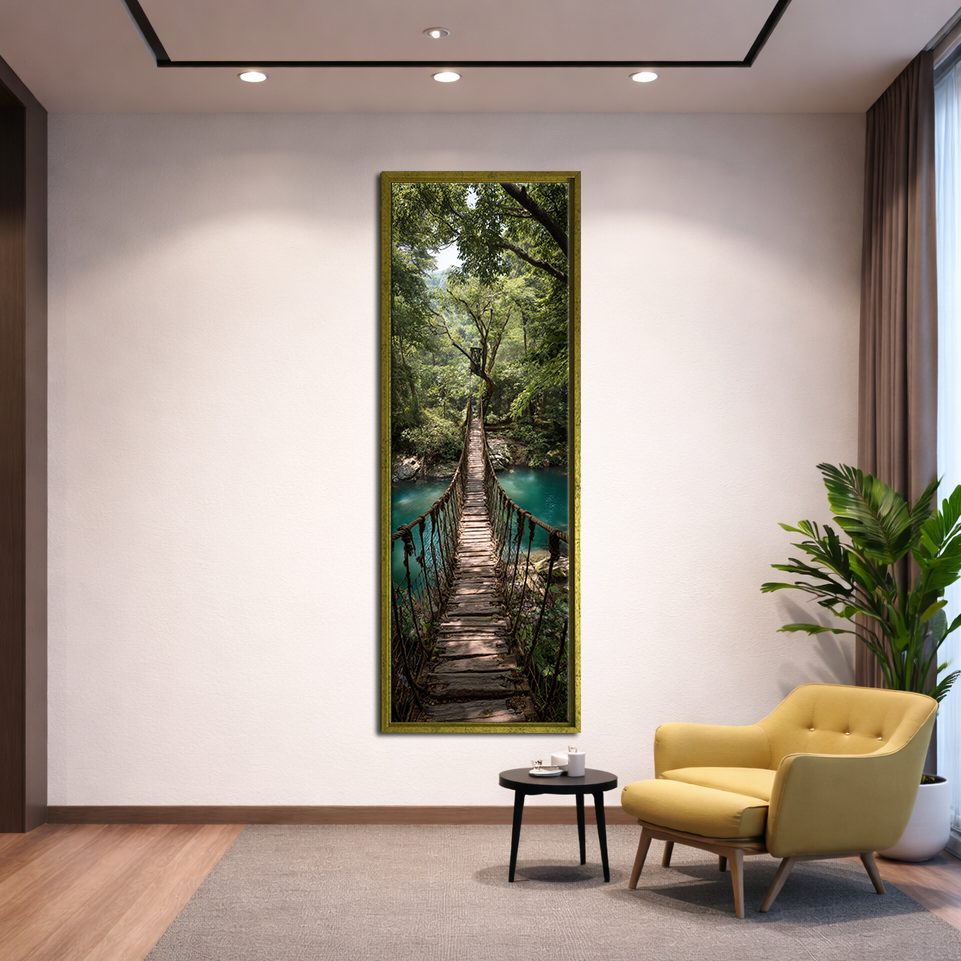 Jungle Rope Bridge canvas wall art, gold floating frame