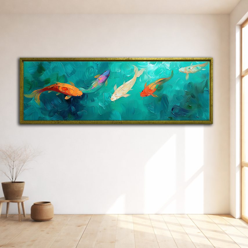 Koi Fish in Turquoise Water canvas wall art, gold floating frame