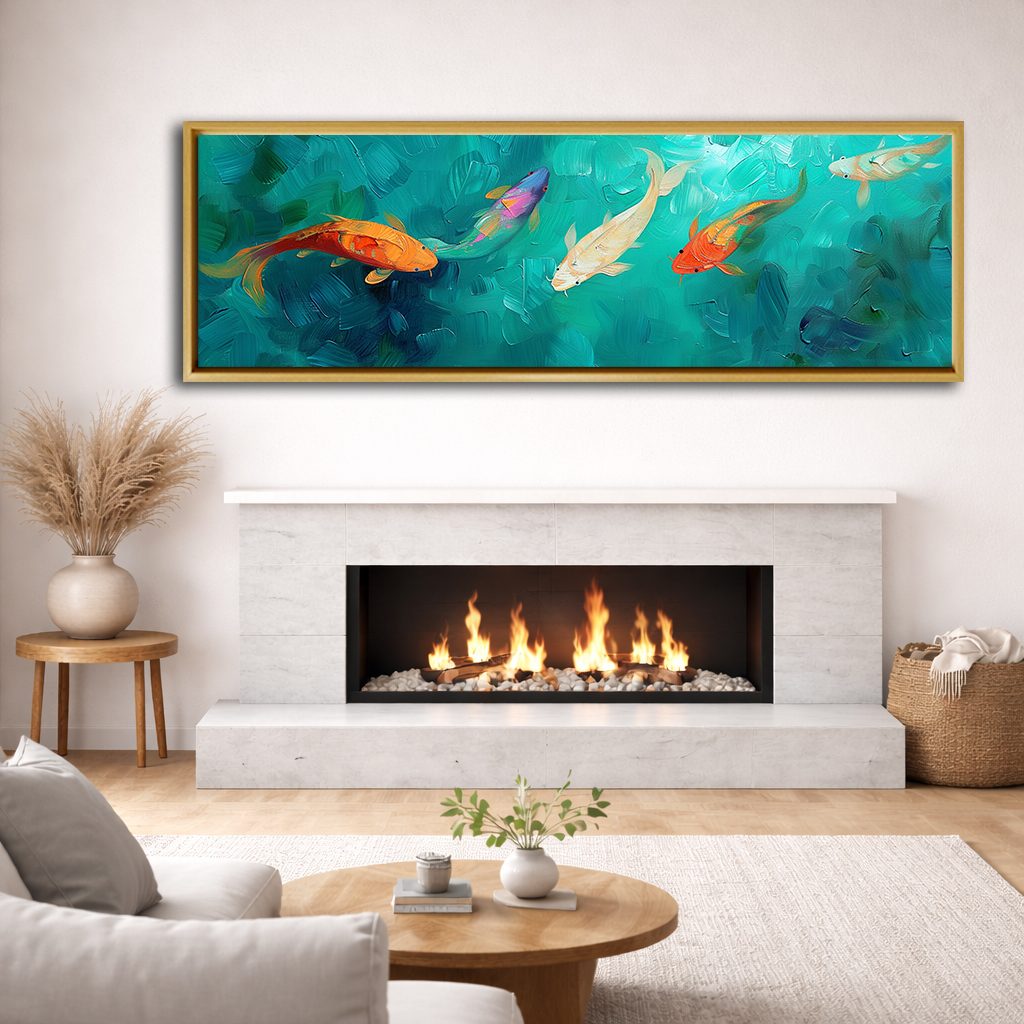 Koi Fish in Turquoise Water canvas wall art, natural wood floating frame
