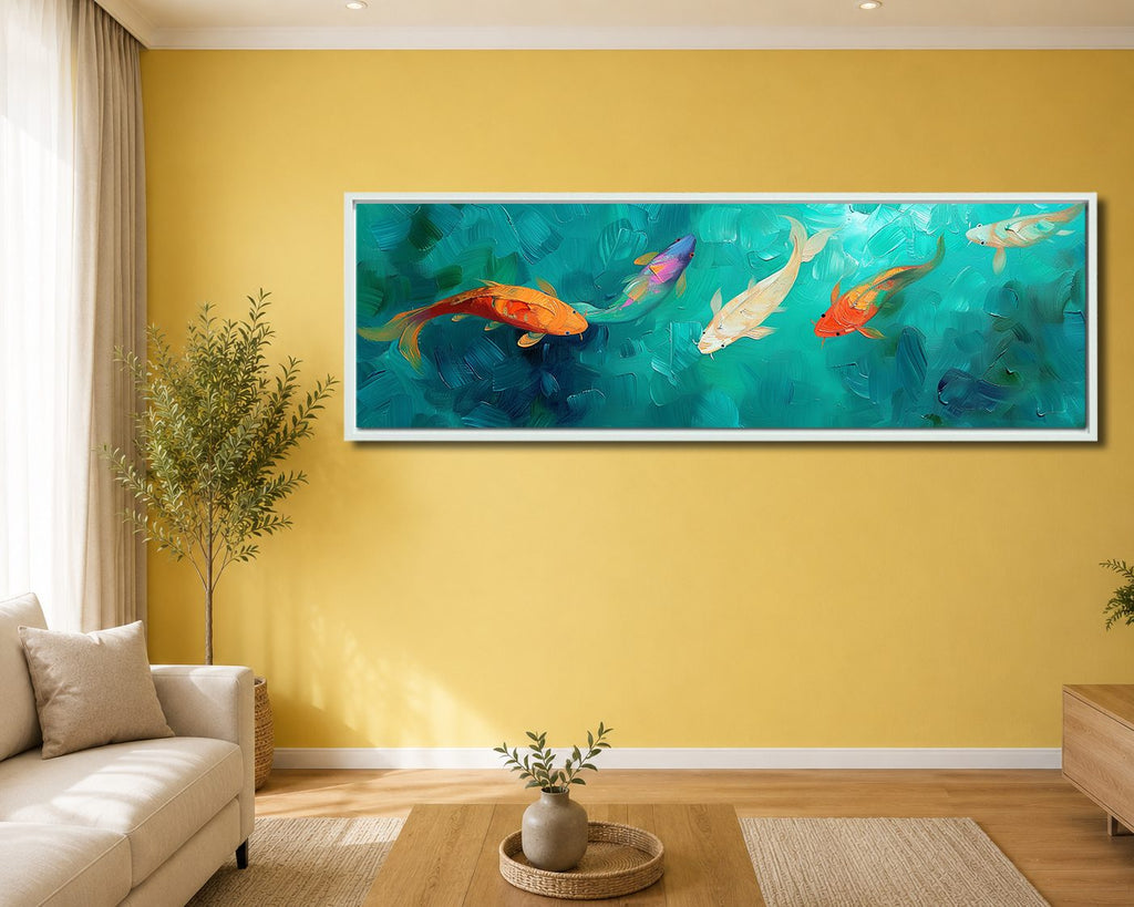 Koi Fish in Turquoise Water canvas wall art, white floating frame