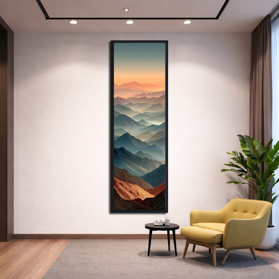 Layered Mountains at Dusk canvas wall art, black floating frame