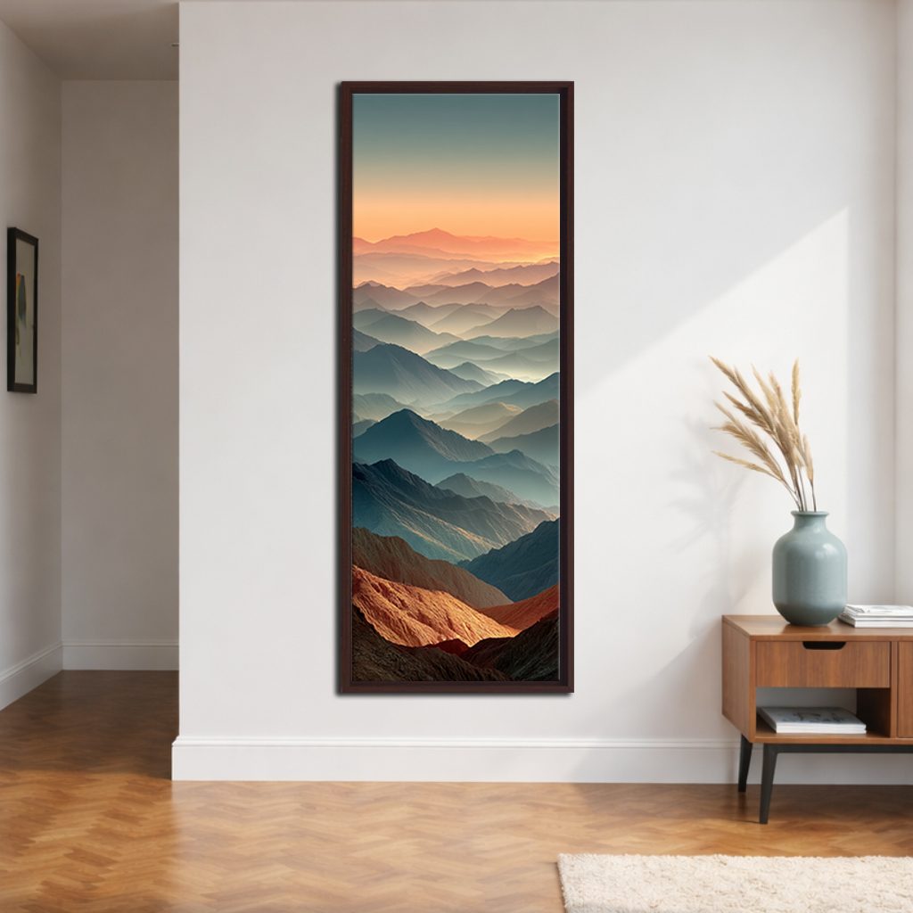 Layered Mountains at Dusk canvas wall art, walnut floating frame