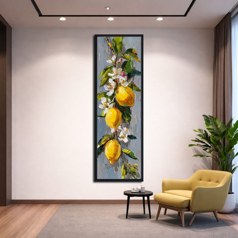 Lemon Branch with White Blossoms canvas wall art, black floating frame