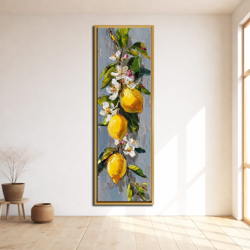 Lemon Branch with White Blossoms canvas wall art, natural wood floating frame