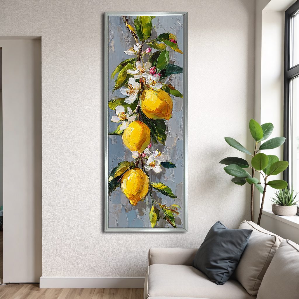 Lemon Branch with White Blossoms canvas wall art, silver floating frame