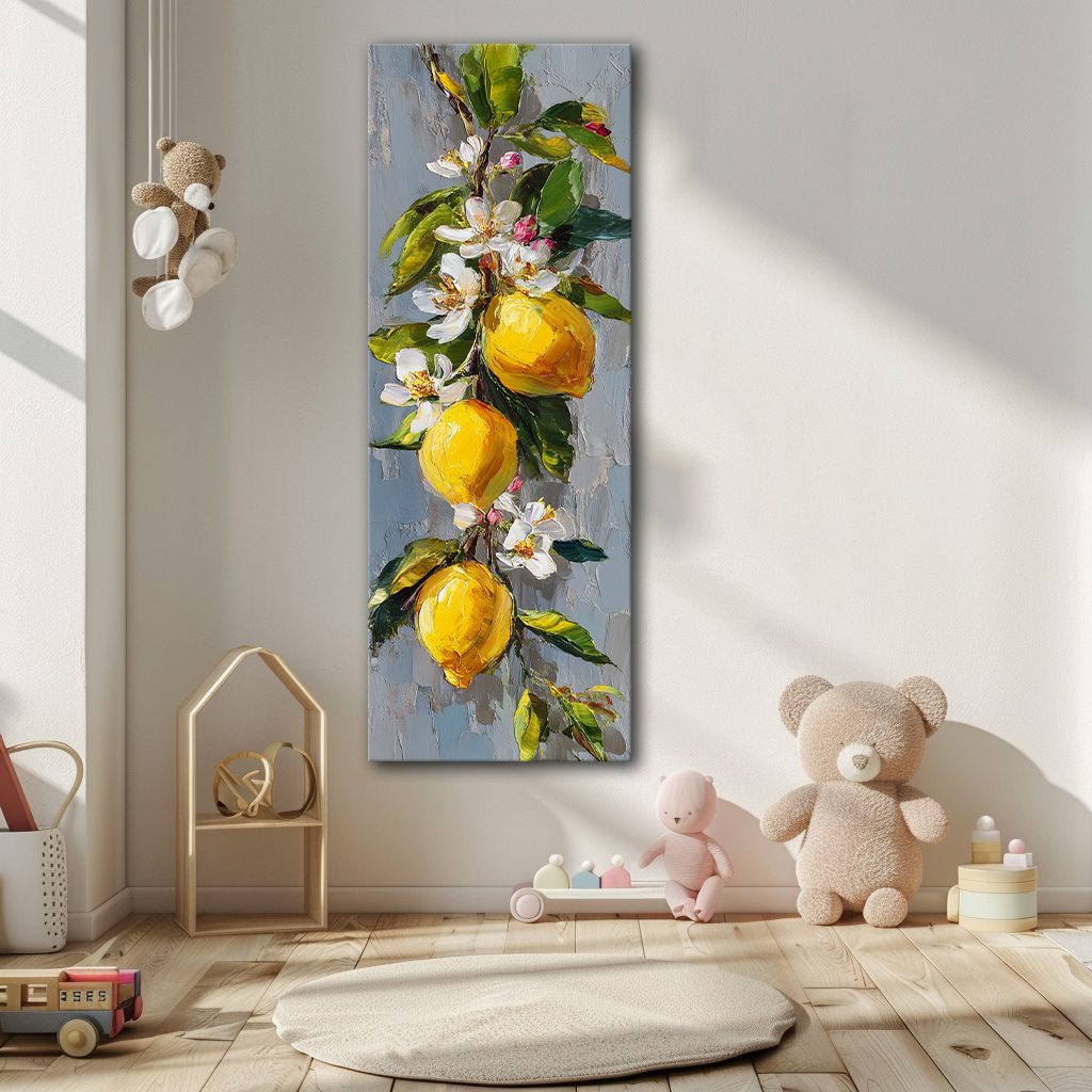 Lemon Branch with White Blossoms canvas wall art, unframed canvas