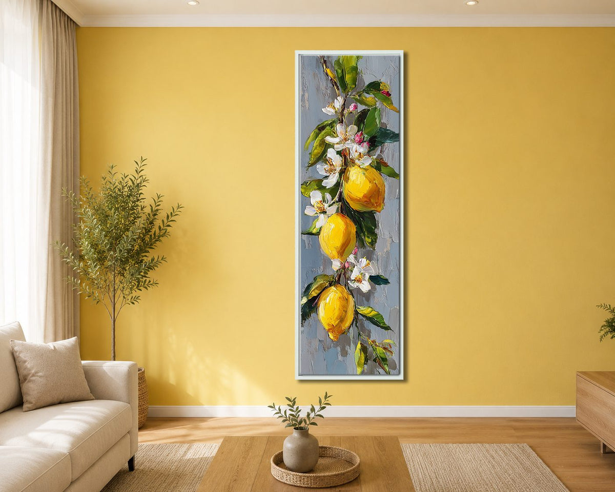 Lemon Branch with White Blossoms canvas wall art, white floating frame