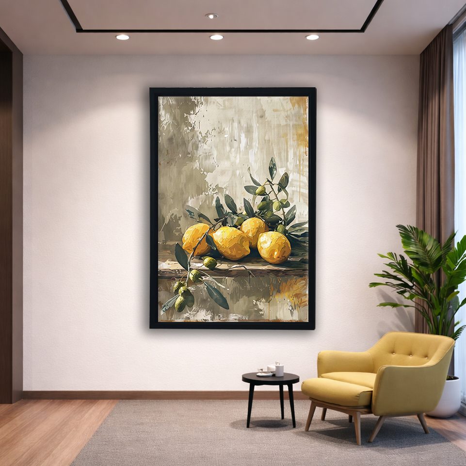 Lemons and Olive Branch Still Life canvas wall art, black floating frame