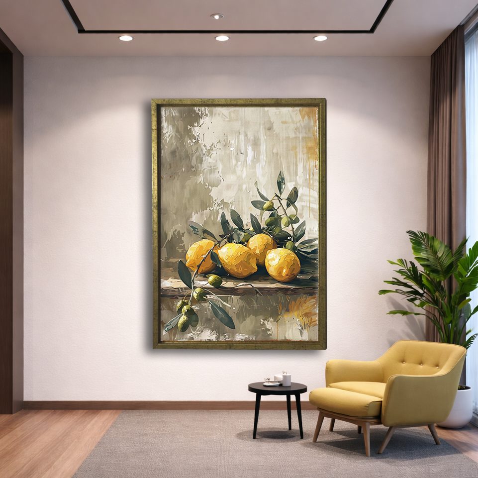 Lemons and Olive Branch Still Life canvas wall art, gold floating frame
