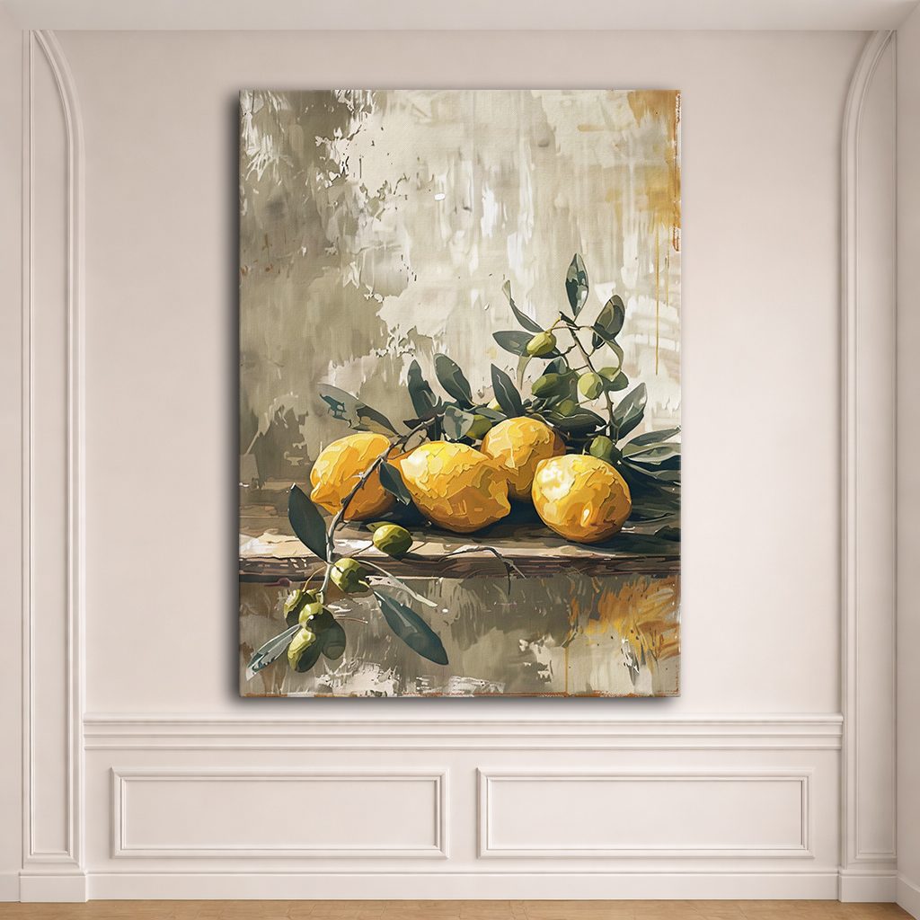 Lemons and Olive Branch Still Life canvas wall art, unframed canvas