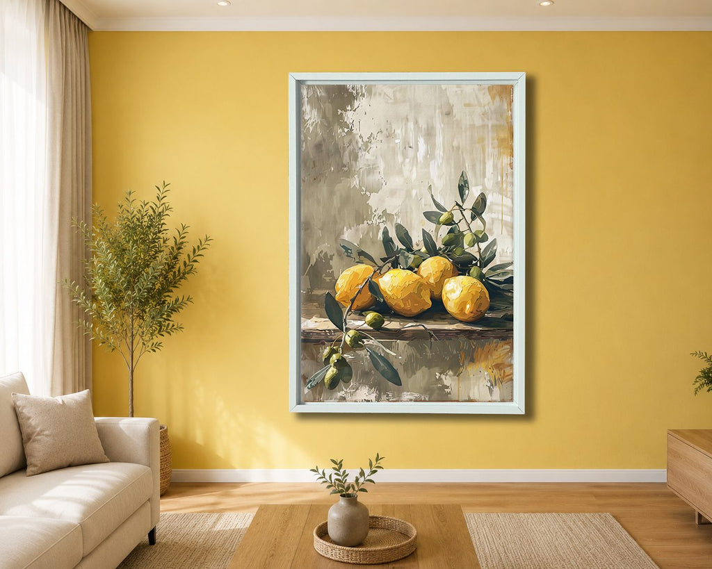 Lemons and Olive Branch Still Life canvas wall art, white floating frame