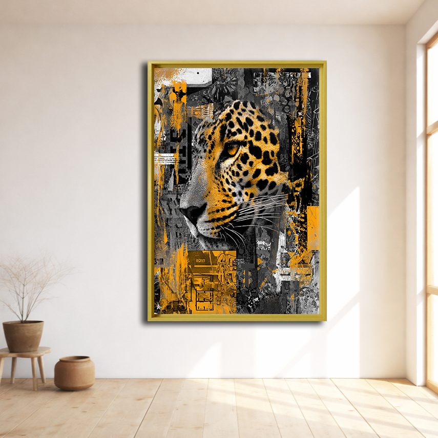Leopard Collage in Gold and Gray canvas wall art, natural wood floating frame