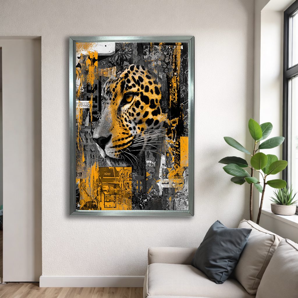 Leopard Collage in Gold and Gray canvas wall art, silver floating frame