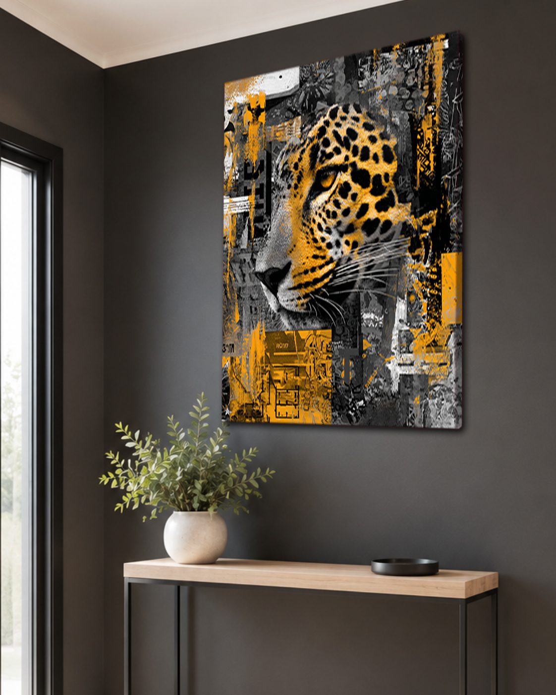 Leopard Collage in Gold and Gray canvas wall art, unframed canvas